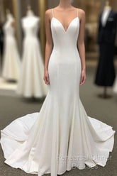 Ivory Satin Spaghetti Straps Open Back Sweet Train Wedding Dress, Formal Semi Formal Prom Dress